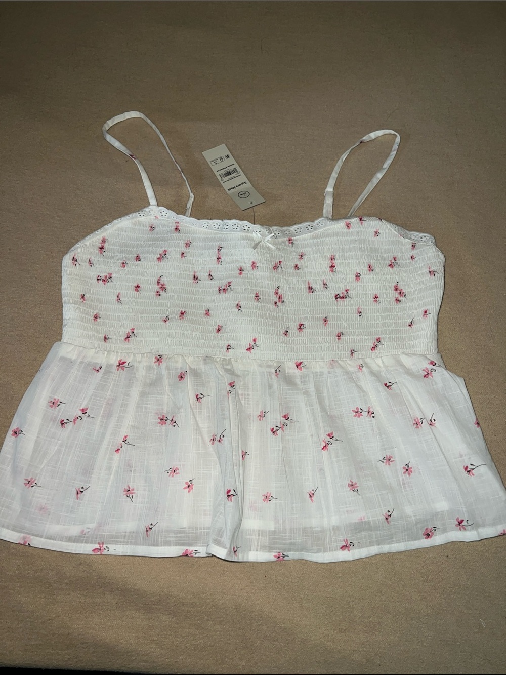 White Floral Smocked Peplum Cami Top size L 12-14